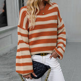 Vintage Crew Neck Bishop Sleeve Pointelle Knit Contrast Stripe Oversized Sweater